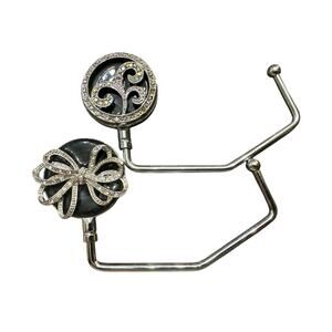 SPRING STREET PURSE HOOKS SET OF 2 BLACK BOW & SWIRL RHINESTONE HANDBAG HOLDERS